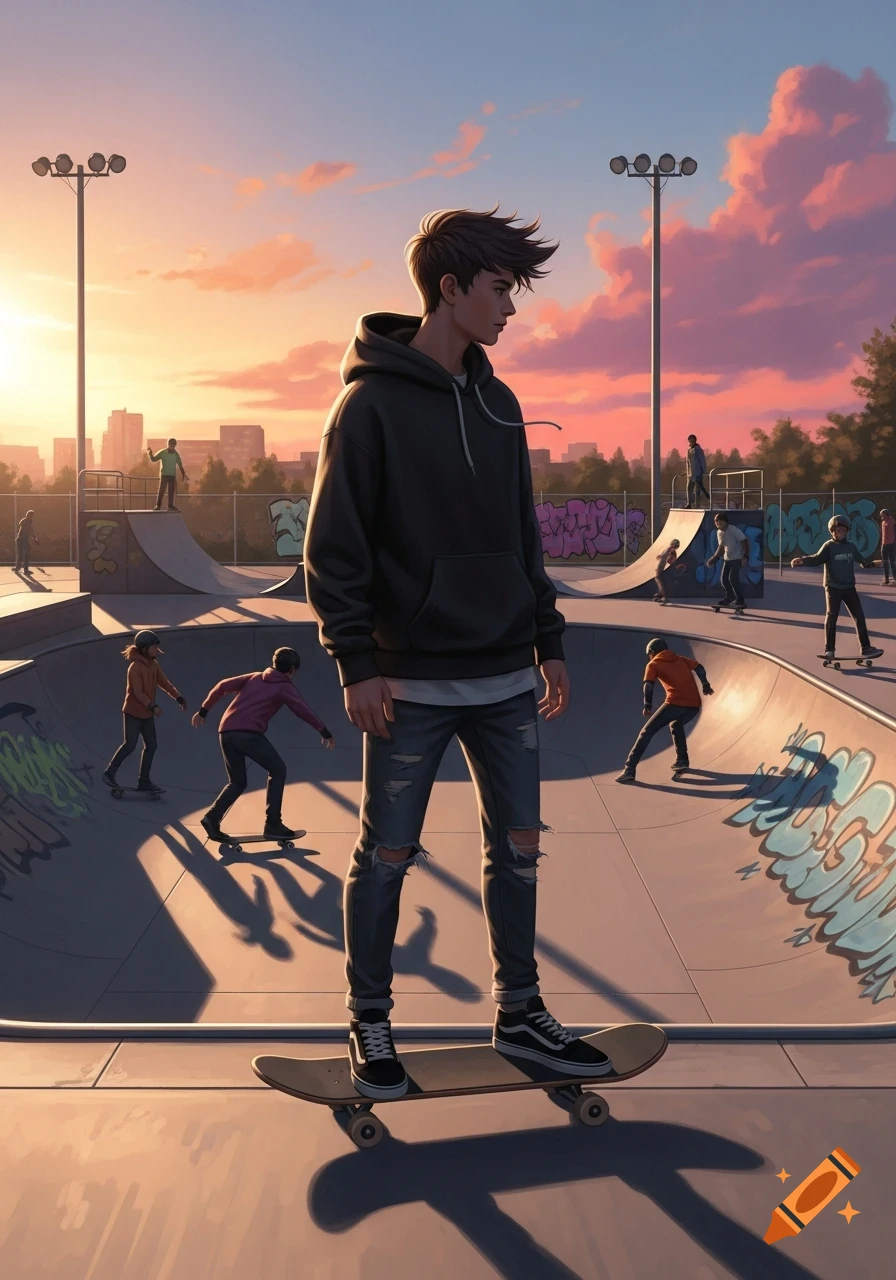 An illustrated teenage boy stands on a skateboard at a skate park during sunset, with other skaters in the background.