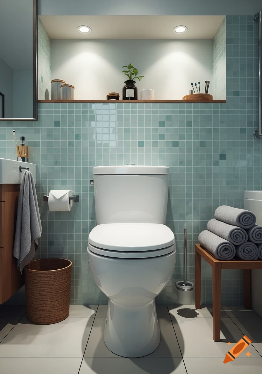 A modern bathroom features a white toilet, light blue tiled wall, and wooden accents.
