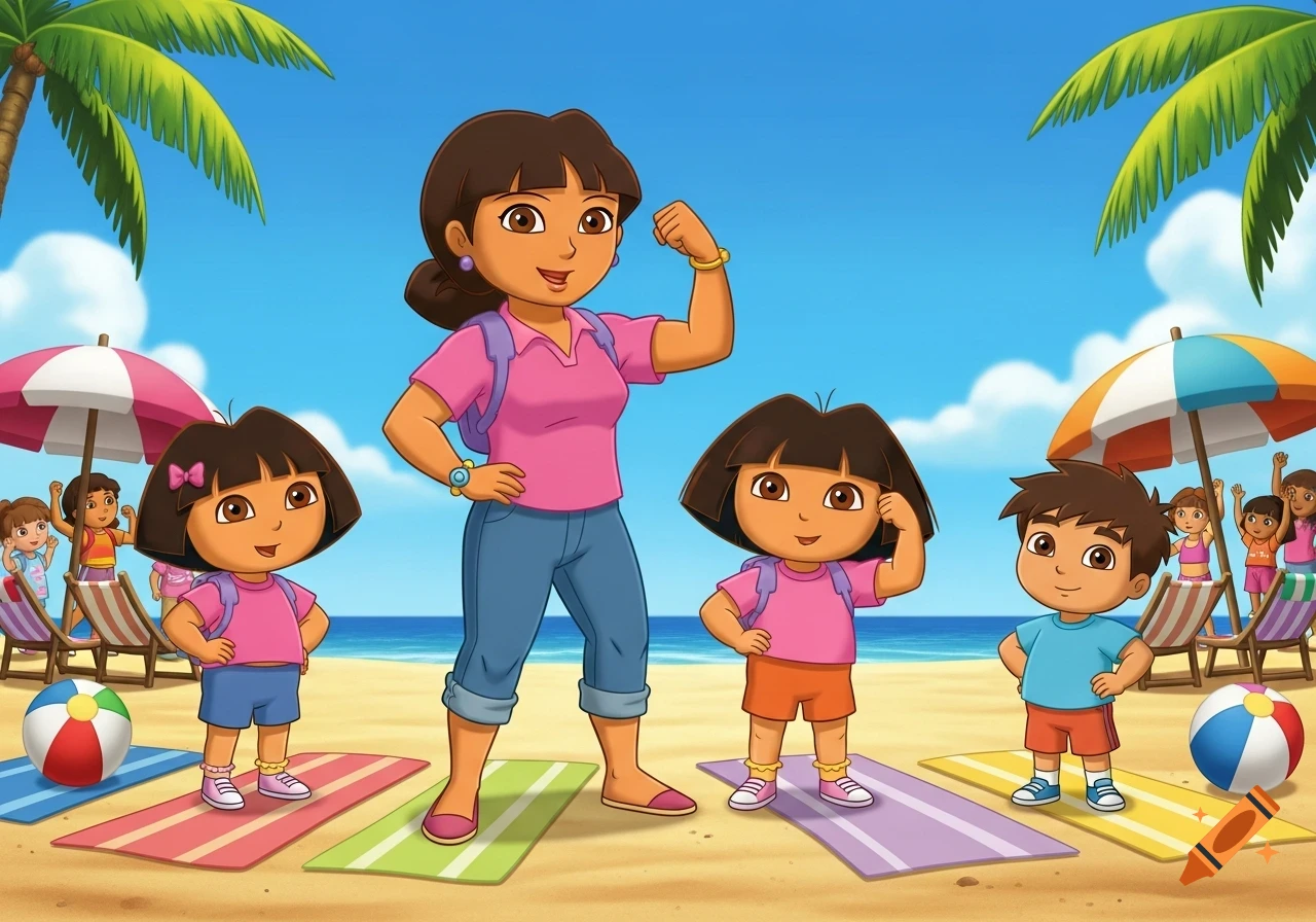 Cartoon image of Dora's Mami, Dora, and other children flexing muscles on a sunny beach.