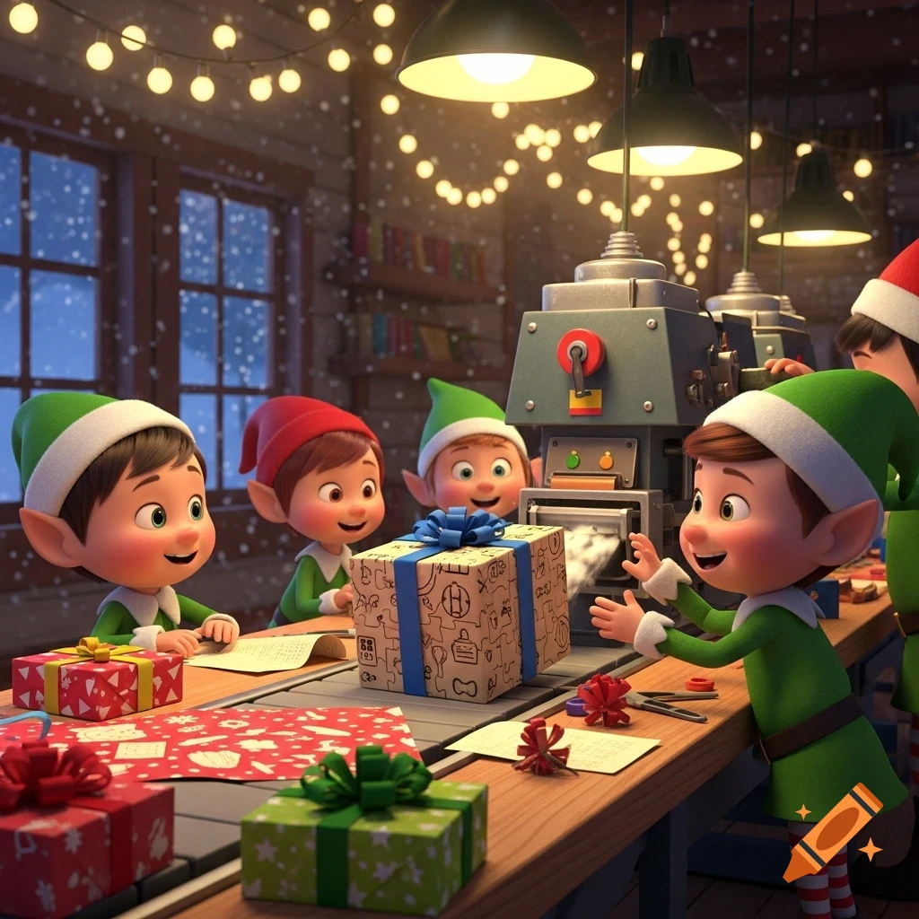 Animated elves in Santa's workshop, wrapping gifts on a conveyor belt, one elf receives a puzzle-wrapped gift.