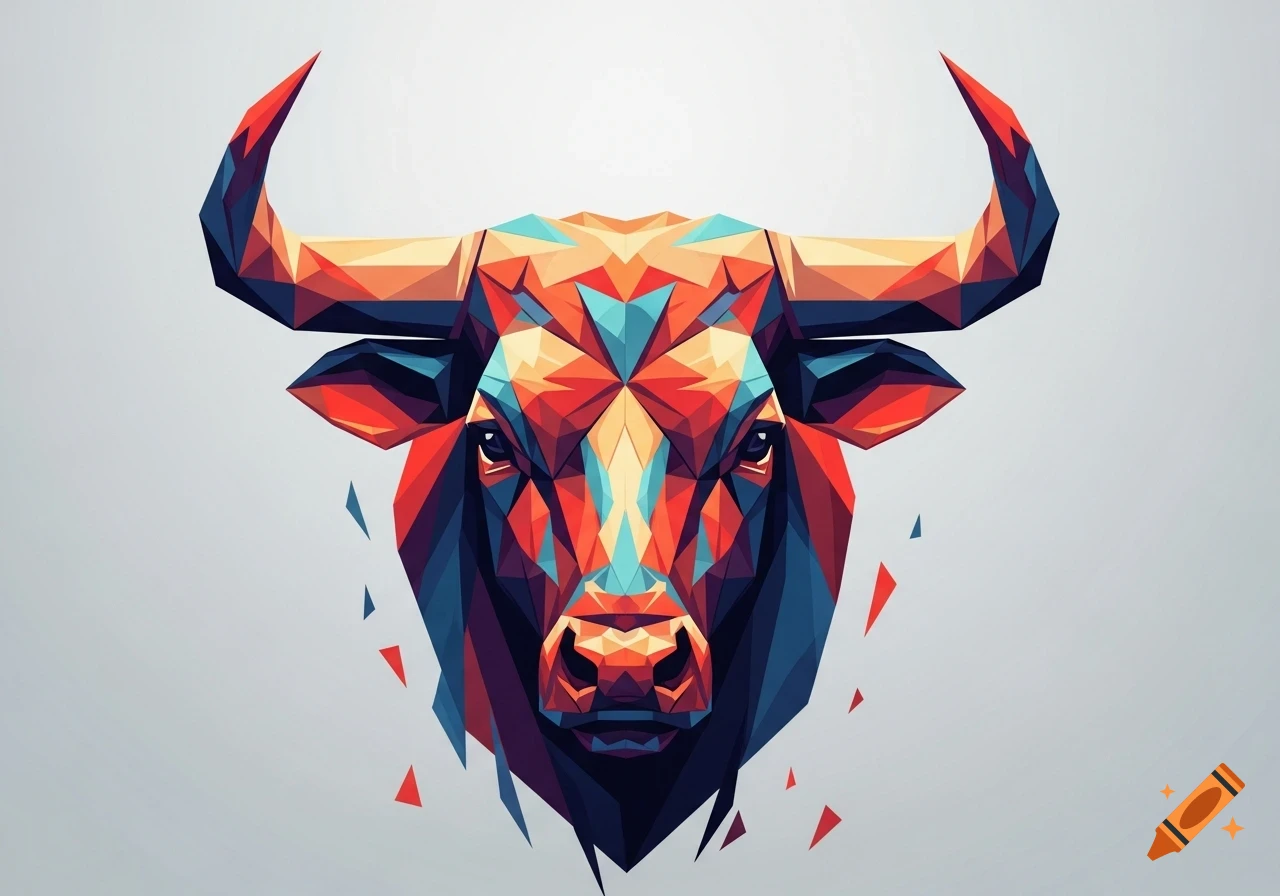 A colorful, geometric bull head in a cubist art style against a light gray background.