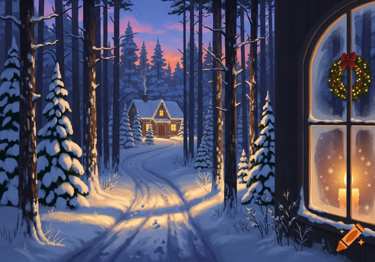 Cozy cabin lit with Christmas lights in a snowy pine forest at dusk, with a frosted window displaying a candle and wreath.