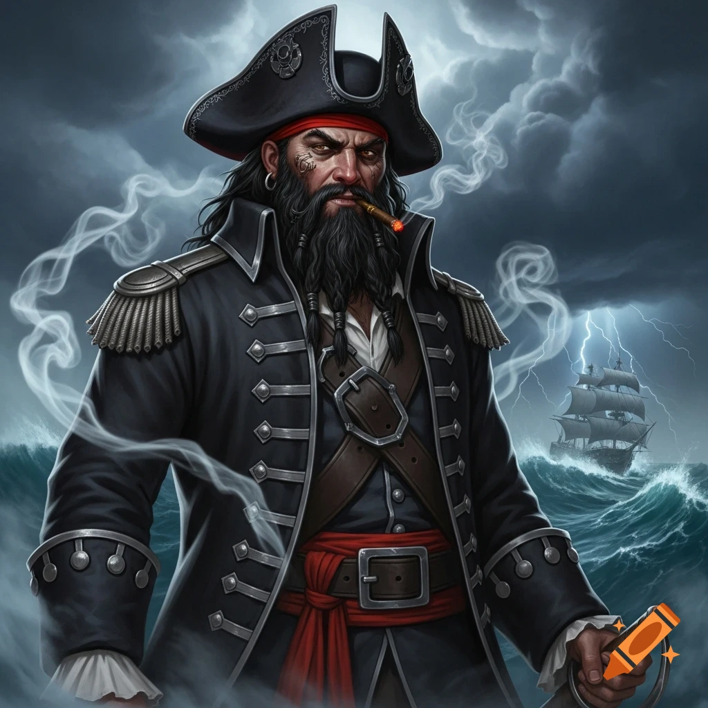 A fierce pirate with a black beard, tri-corner hat, and red bandana smokes a cigar in a stormy sea with a ship. Digital art.