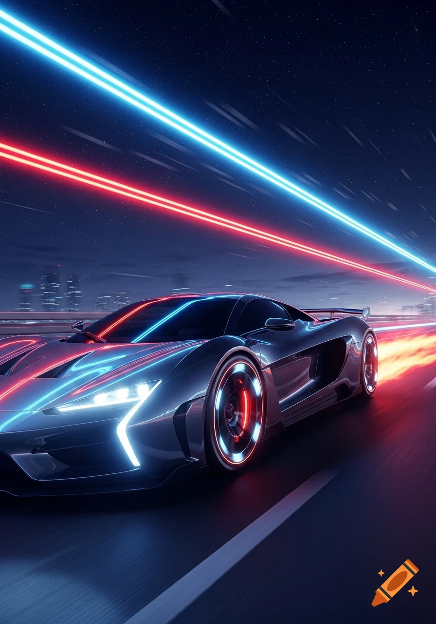 A sleek, dark futuristic car with blue and red neon lights drives quickly on a highway at night, with city lights in the distance.