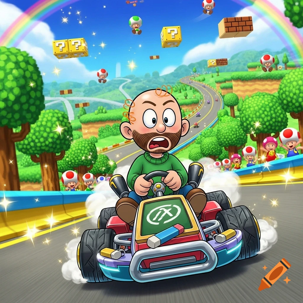 A cartoon man with a beard and green sweater drives a go-kart on a vibrant rainbow road, with Toads and Mario Kart elements in the background.