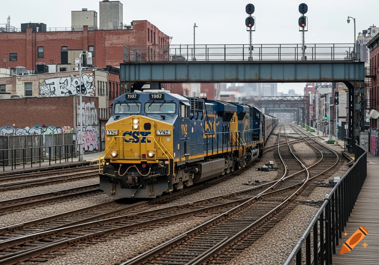 A blue and yellow CSX train on multiple railroad tracks under an overpass in a city, with brick buildings and graffiti in the background.