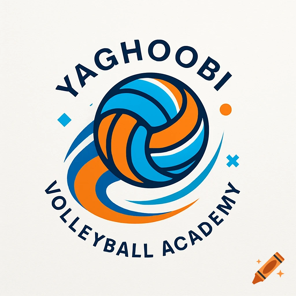 A logo featuring an orange and blue volleyball with blue and orange swooshes, text reads 'YAGHOOBI VOLLEYBALL ACADEMY'