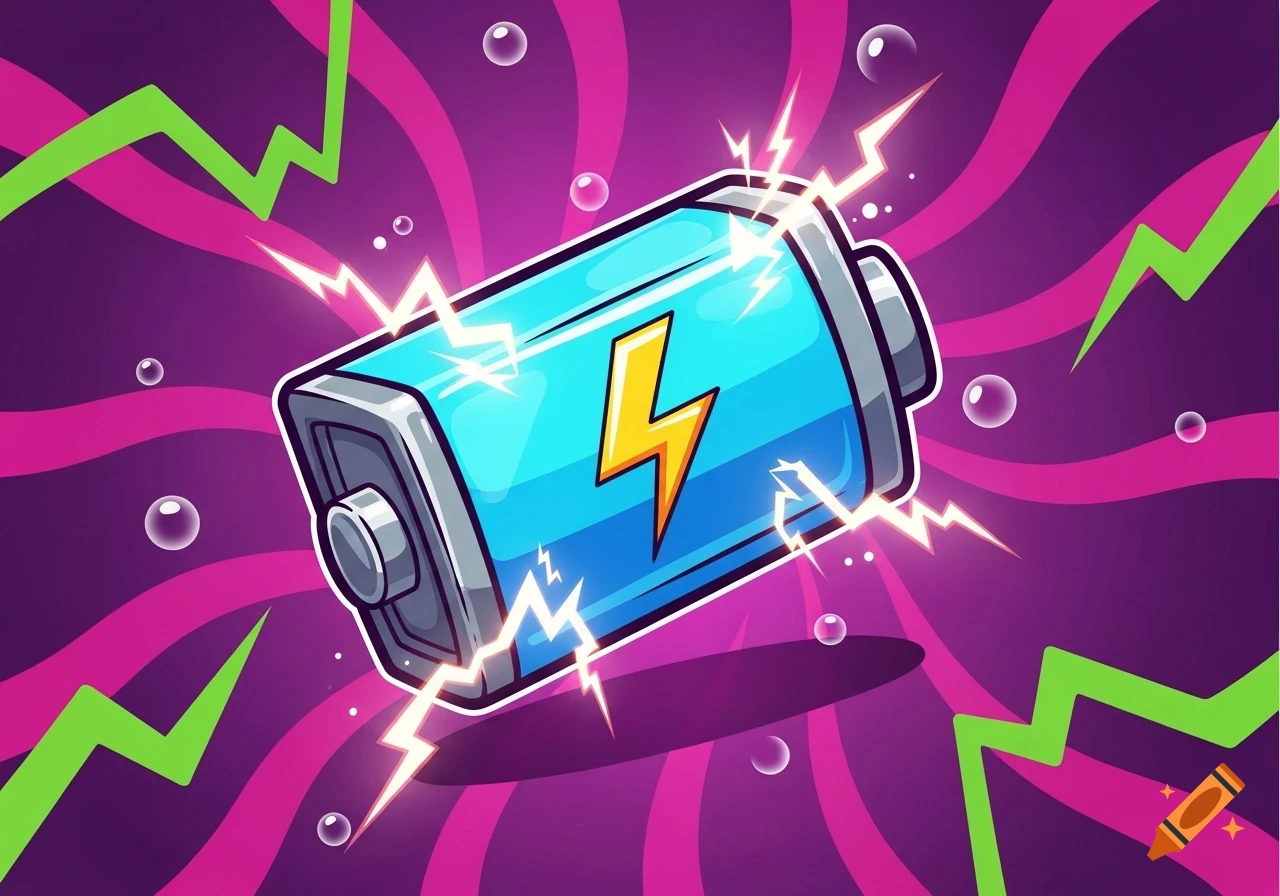 A neon electric blue battery with a yellow lightning bolt, surrounded by electricity and green jagged lines on a purple swirling background with bubbles, in a cartoon art style.