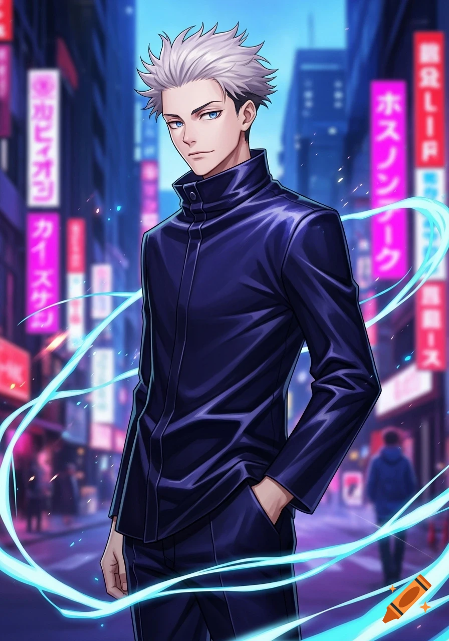 An anime man with white spiky hair and blue eyes stands in a dark city street with neon signs.