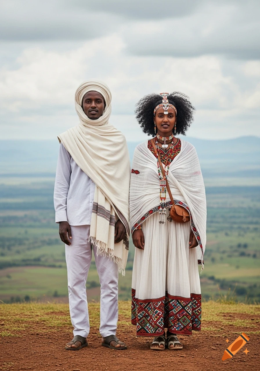 Two Oromo people in traditional white clothing with colorful embroidery and jewelry stand on a hill against a cloudy Ethiopian landscape.