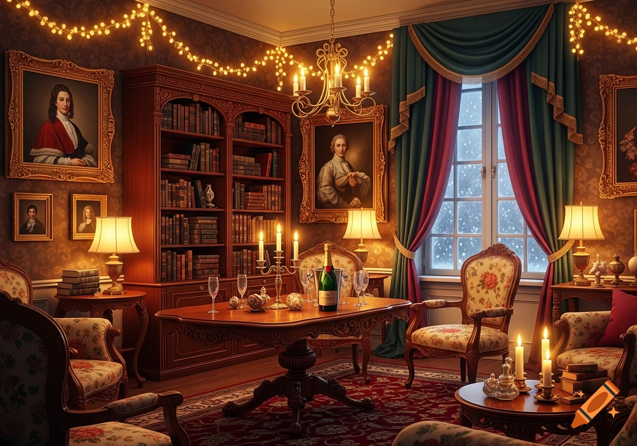 An elegant, candlelit library or study decorated for Christmas or New Year, with bookshelves, portraits, and string lights.