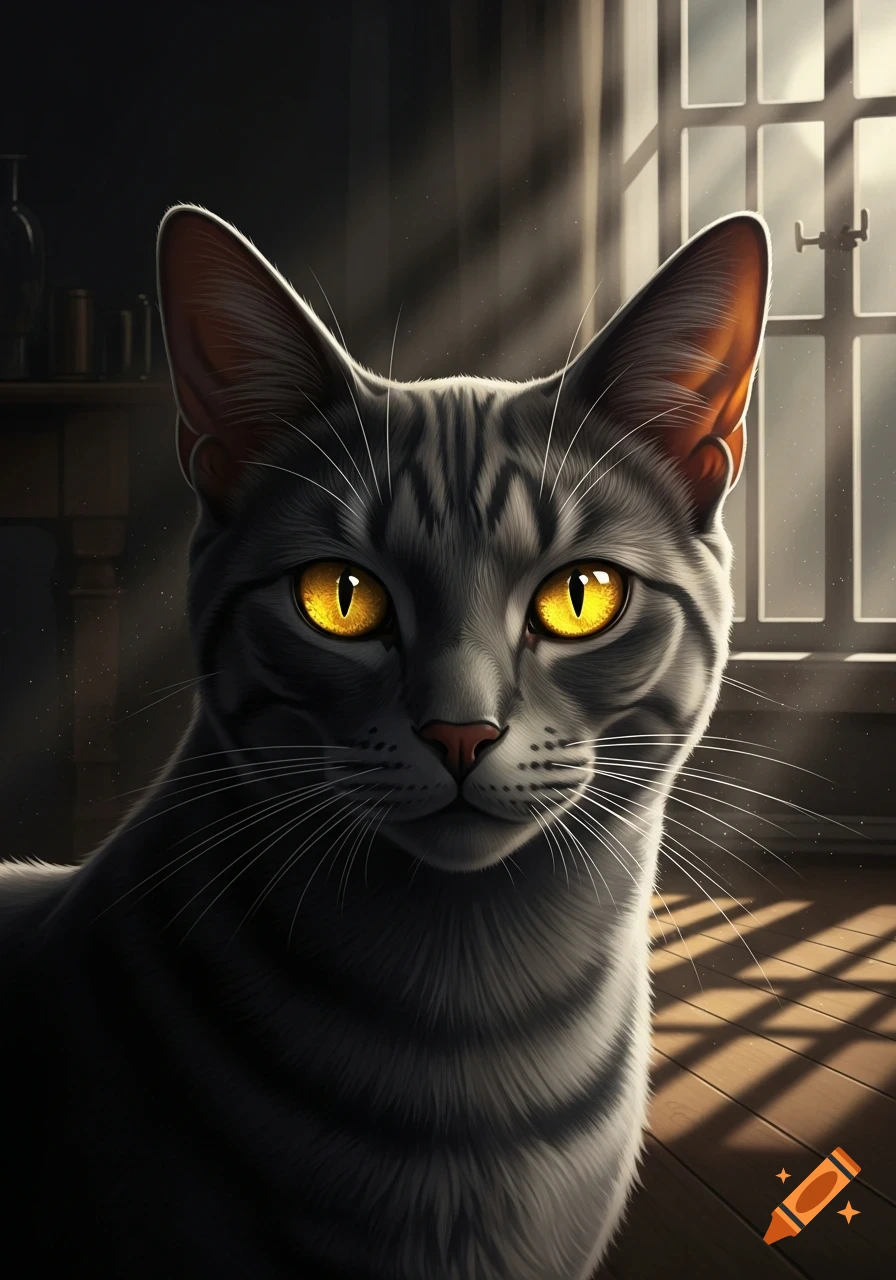 Close-up of a gray tabby cat with bright golden eyes, dramatically lit by sunlight filtering through a window.