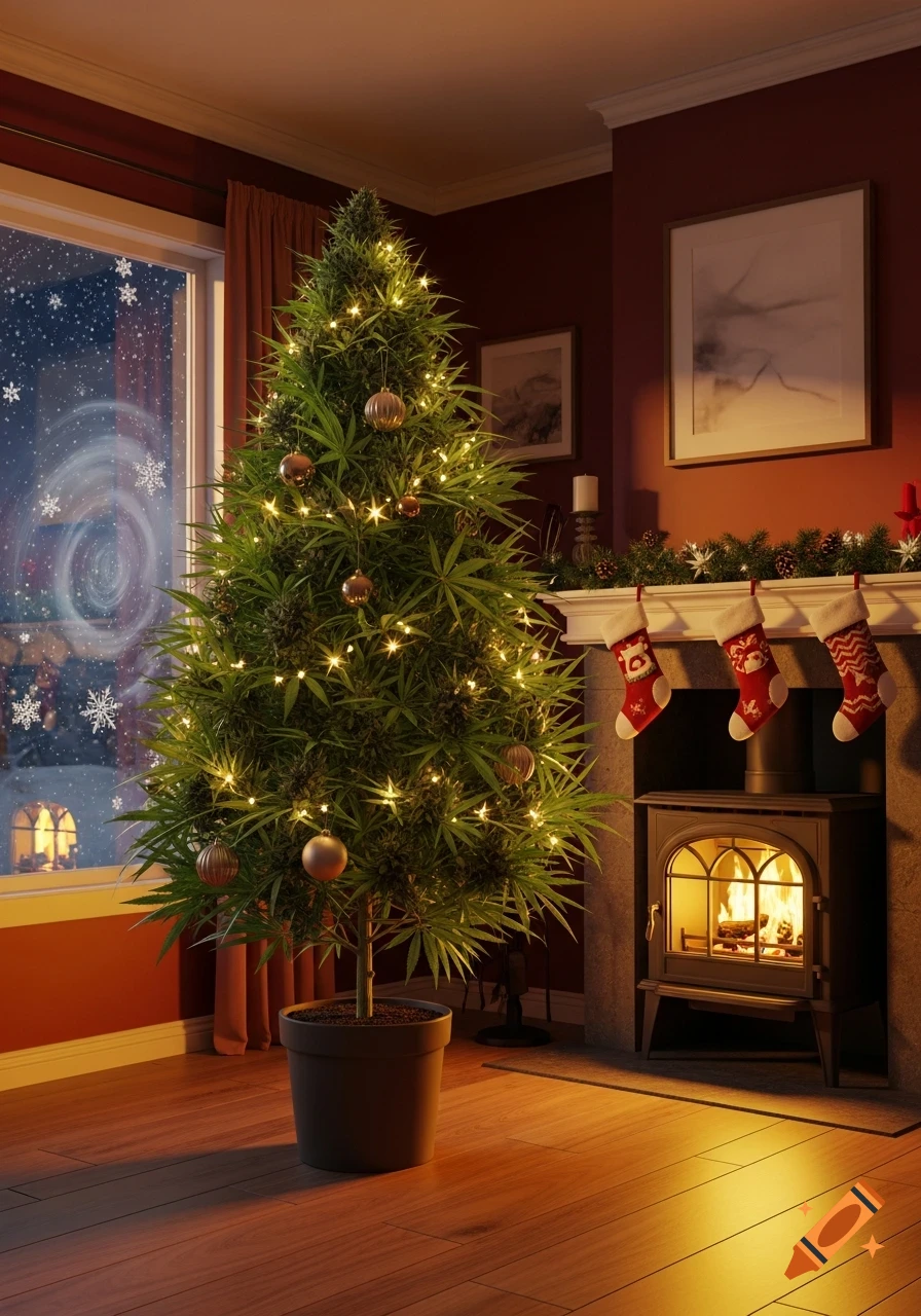 A cannabis plant decorated as a Christmas tree in a cozy living room with a fireplace, stockings, and a snowy window.