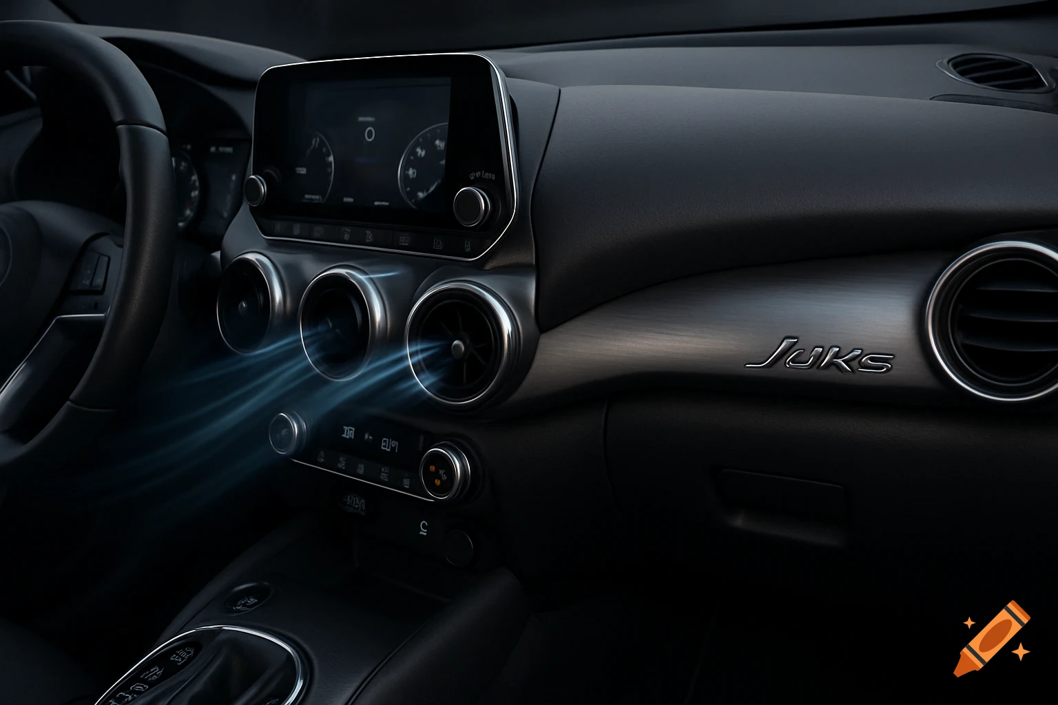 A dark car interior shows the dashboard with air conditioning vents blowing cool air and a "JUKS" emblem.