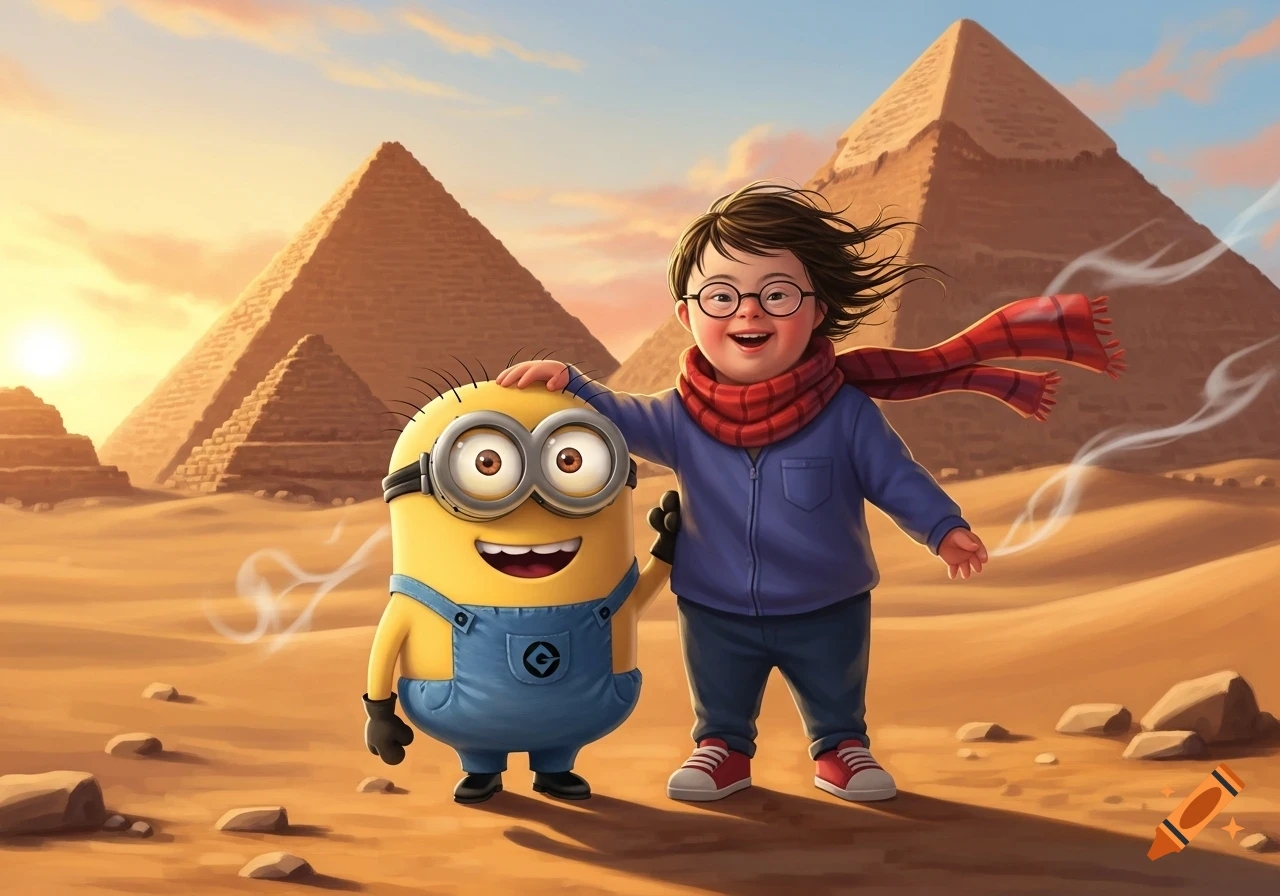 A joyful child with Down syndrome and a Minion stand smiling in a desert with pyramids under a setting sun.