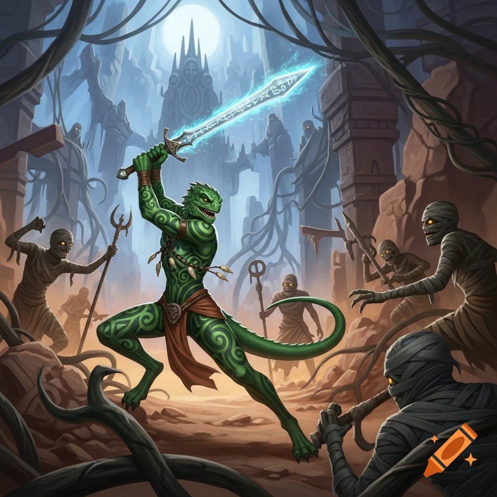 A green lizardman with Maori-style markings wields a glowing runesword against mummies in ancient ruins under a large moon, fantasy art style.