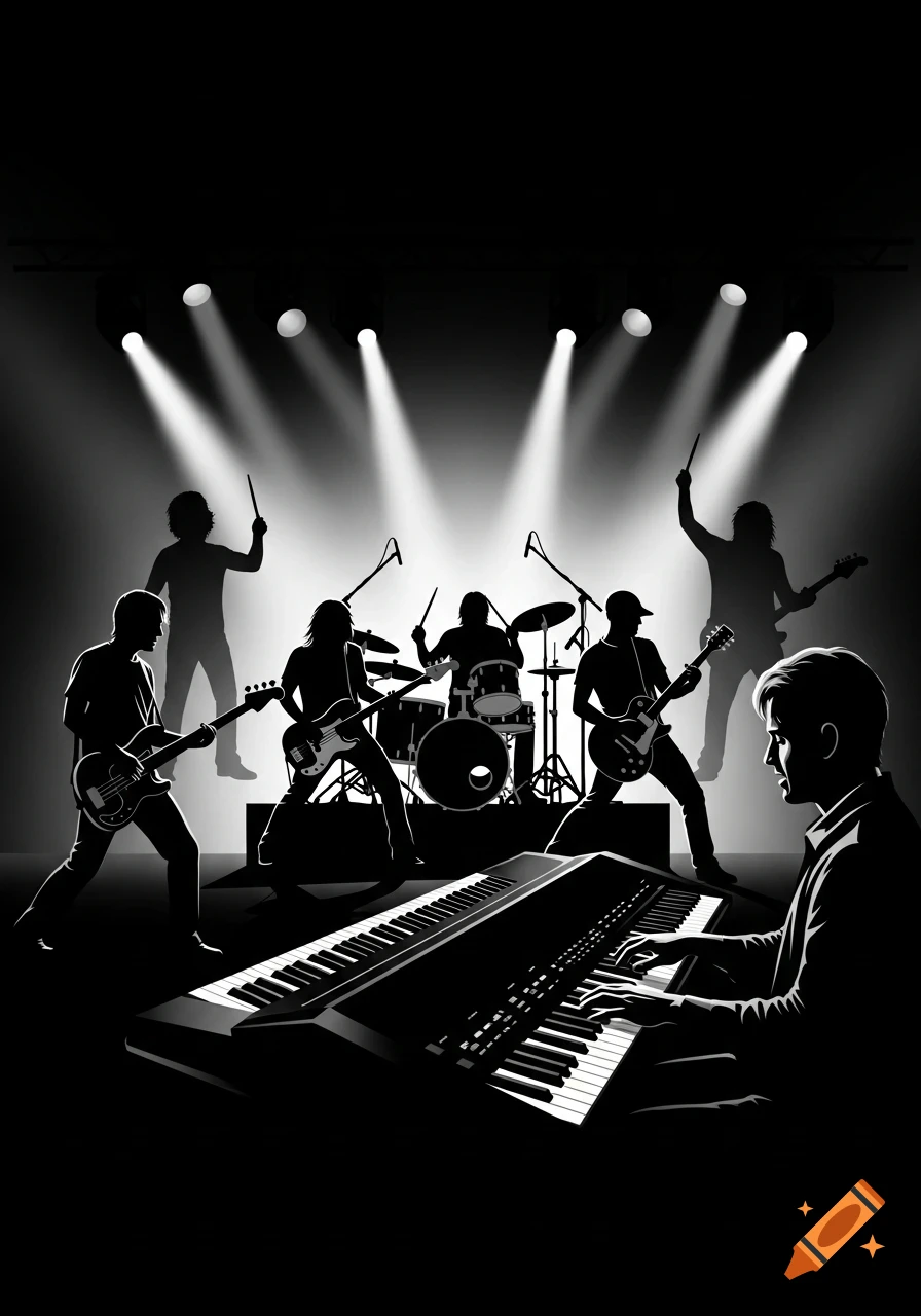 Black and white silhouette of a rock band with a drummer, guitarists, and a keyboardist performing on stage under spotlights.