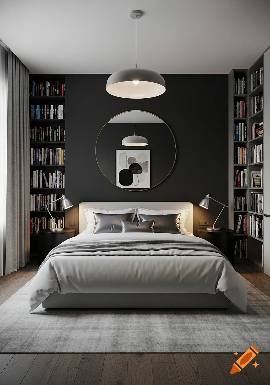 A modern bedroom with black walls, a bed with white and gray bedding, two table lamps, and dark bookshelves flanking the bed.