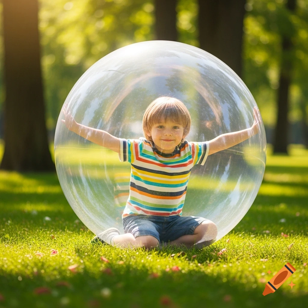 A smiling young child in a colorful striped shirt sits inside a large clear bubble in a sunny park.