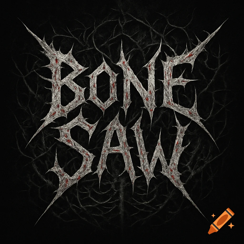 Stylized black metal band logo for 'BONE SAW' with spiky, blood-splattered text on a dark, textured background.