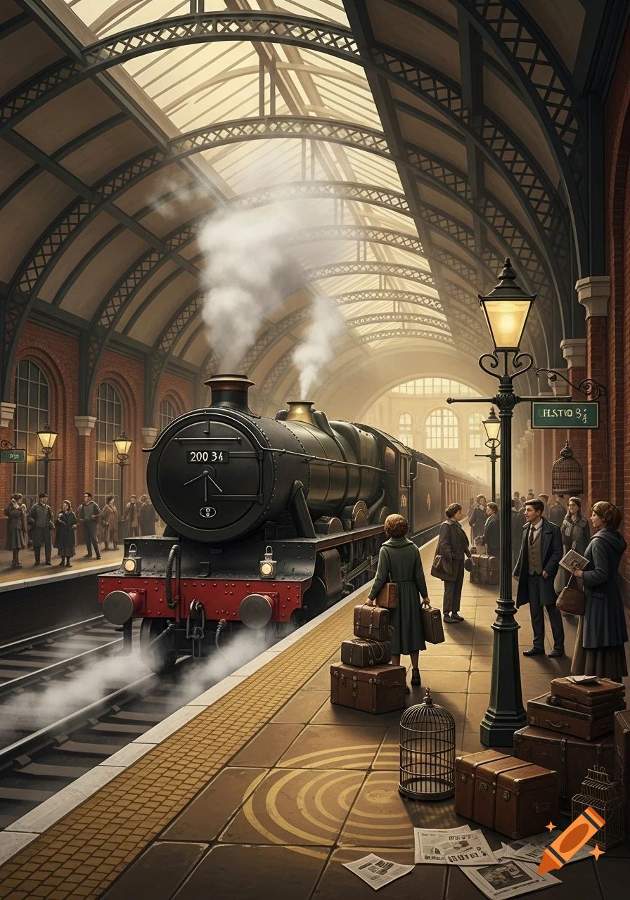 A vintage steam train, number 200 34, at a bustling Victorian-era train station platform under a vaulted glass roof, with passengers and luggage.