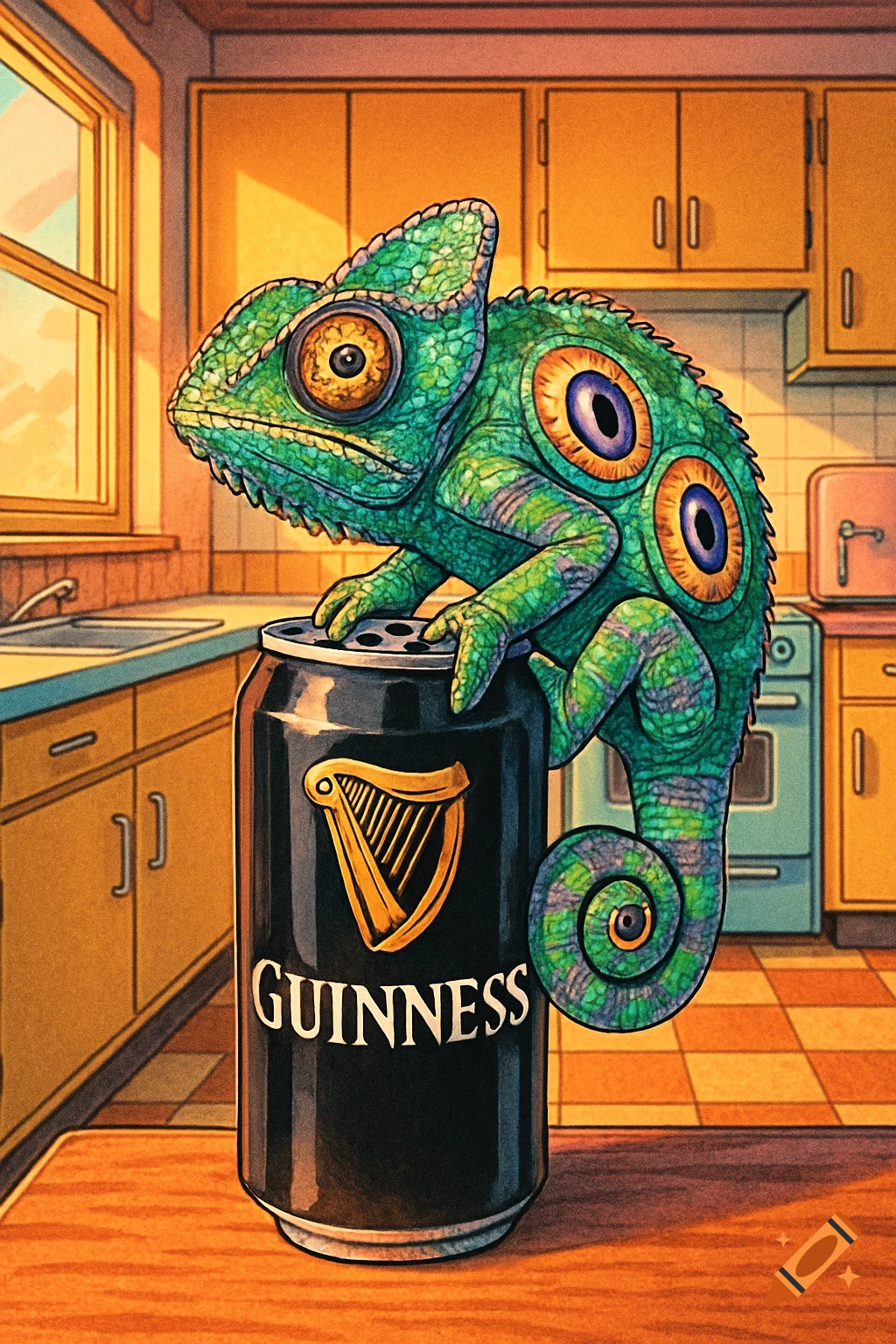 A vibrant green chameleon with large eyes sits atop a black Guinness can in a 60s style kitchen, rendered in a manga art style.