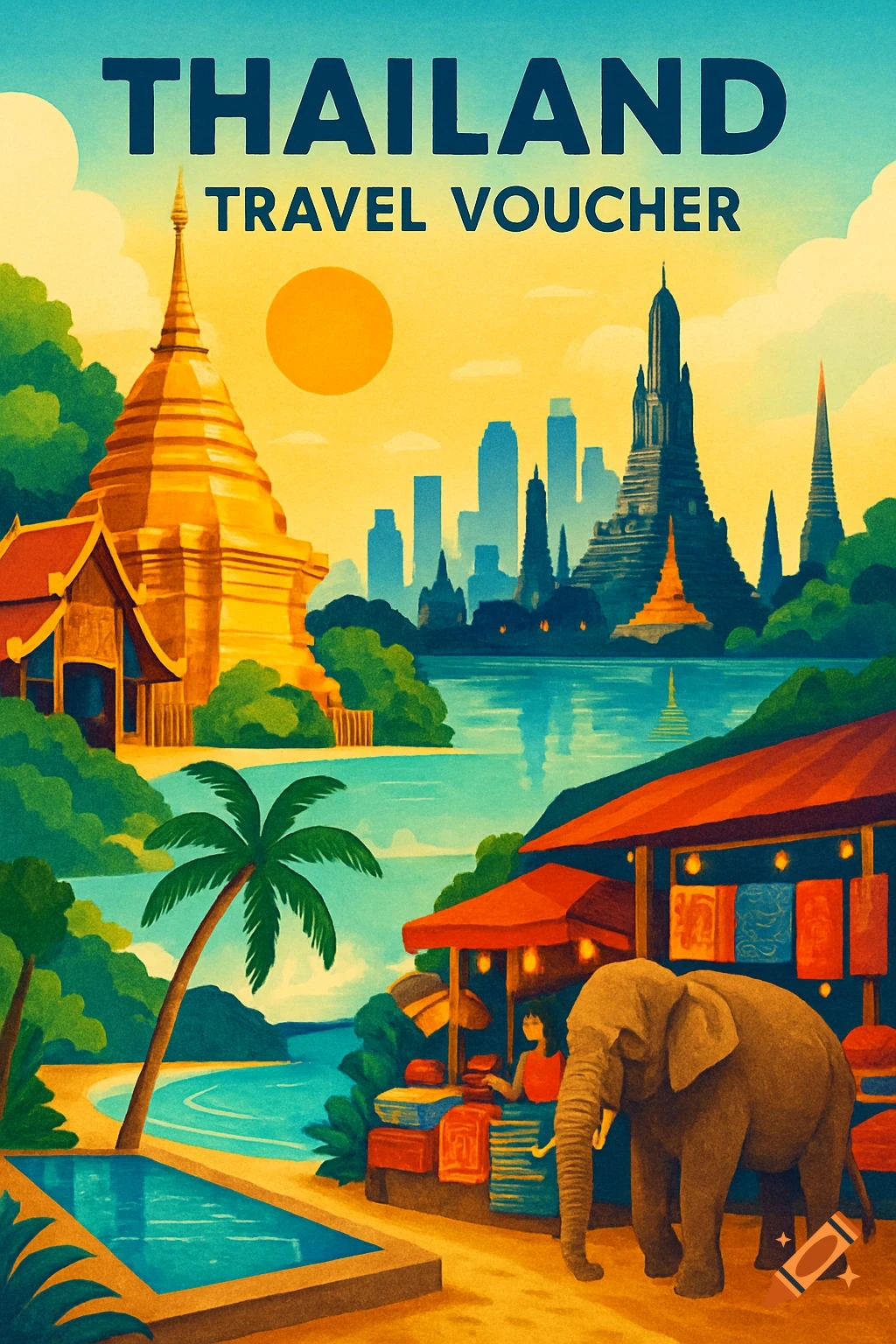 A colorful vintage-style travel poster for Thailand featuring pagodas, a city skyline, a beach, a market stall with a person, and an elephant.