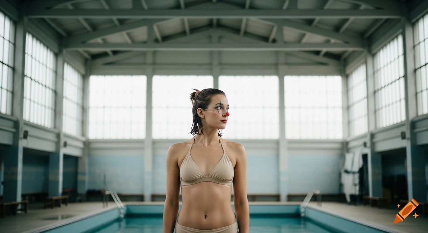 A young woman in a beige bikini with subtle clown makeup stands in a large, empty indoor swimming pool.