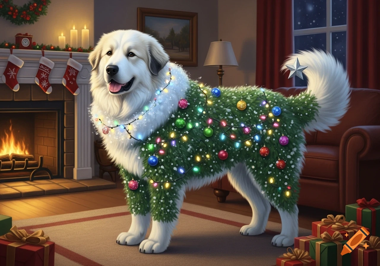 A fluffy Great Pyrenees dog decorated with Christmas lights and ornaments stands by a fireplace and presents.