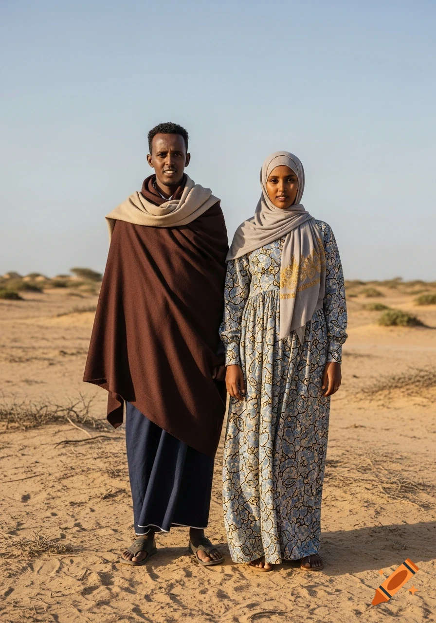 Two Somali people in traditional attire stand side-by-side in a dry, sandy landscape under a clear sky.