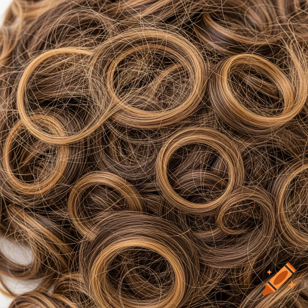 Close-up of tangled, messy brown and blonde hair extensions with visible knots and curls, realistic.