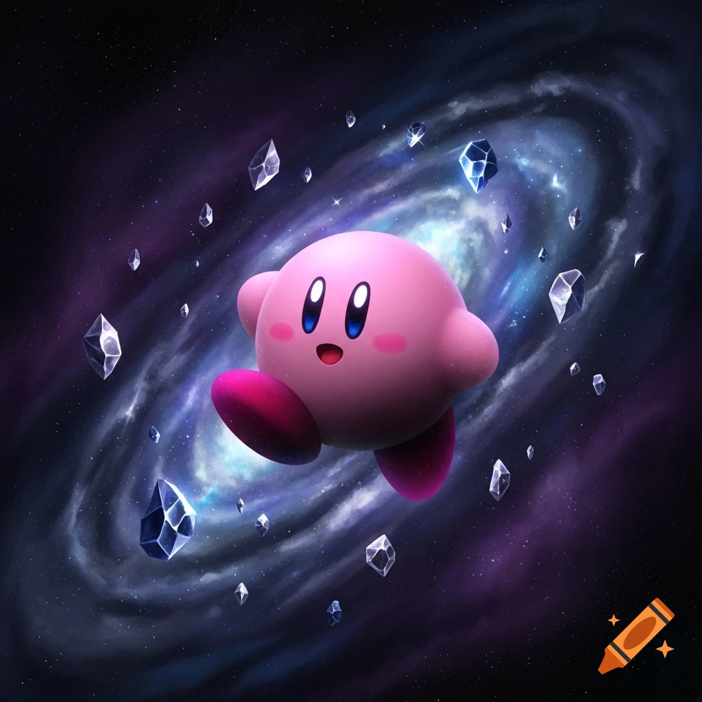 Kirby floats happily amidst a swirling galaxy and luminous crystals in digital art style.