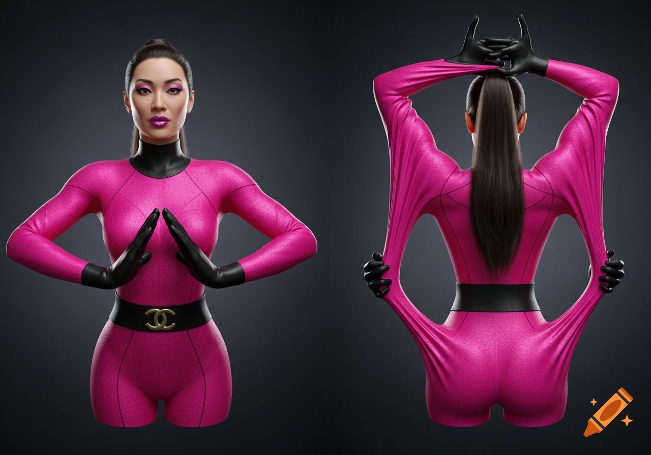 Photorealistic CGI woman in a shiny pink catsuit with a Chanel belt, shown front-facing and back-facing stretching the suit.