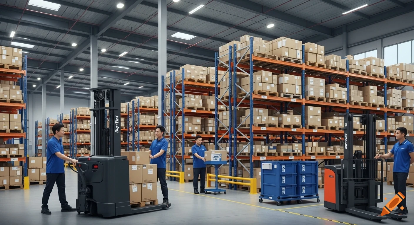 Workers in a bright, modern warehouse operating forklifts and moving packages on racks, displaying teamwork and efficiency.