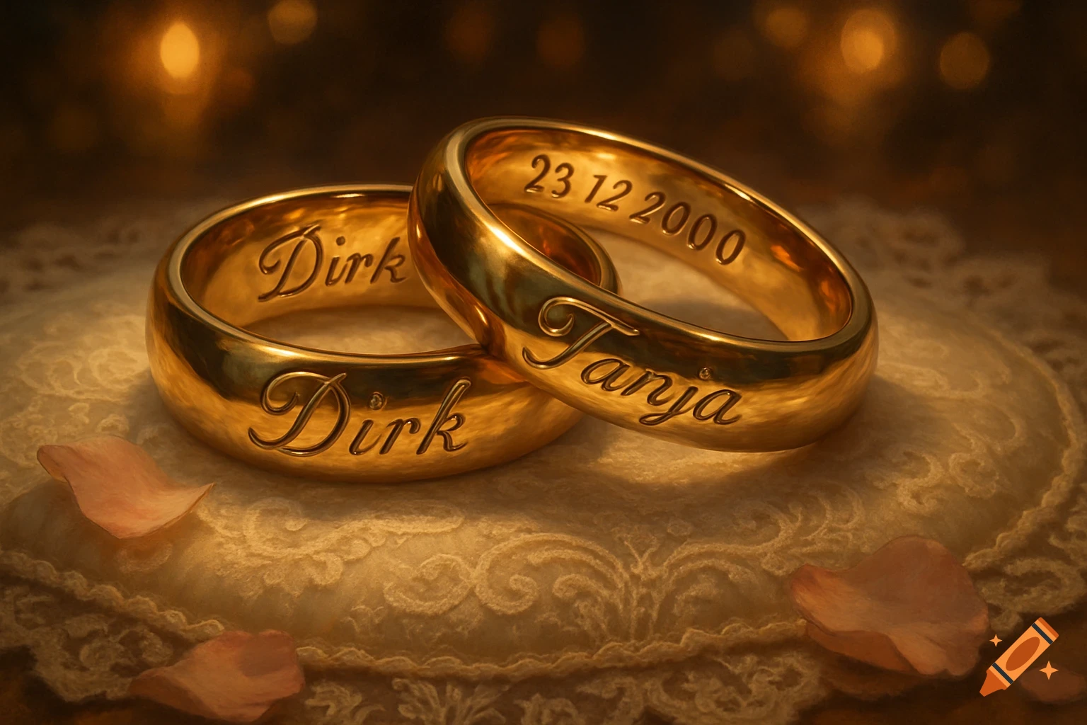 Two golden wedding rings, one engraved 'Dirk' and 'Dirk', the other '23 12 2000' and 'Tanja', resting on a lace pillow with rose petals.