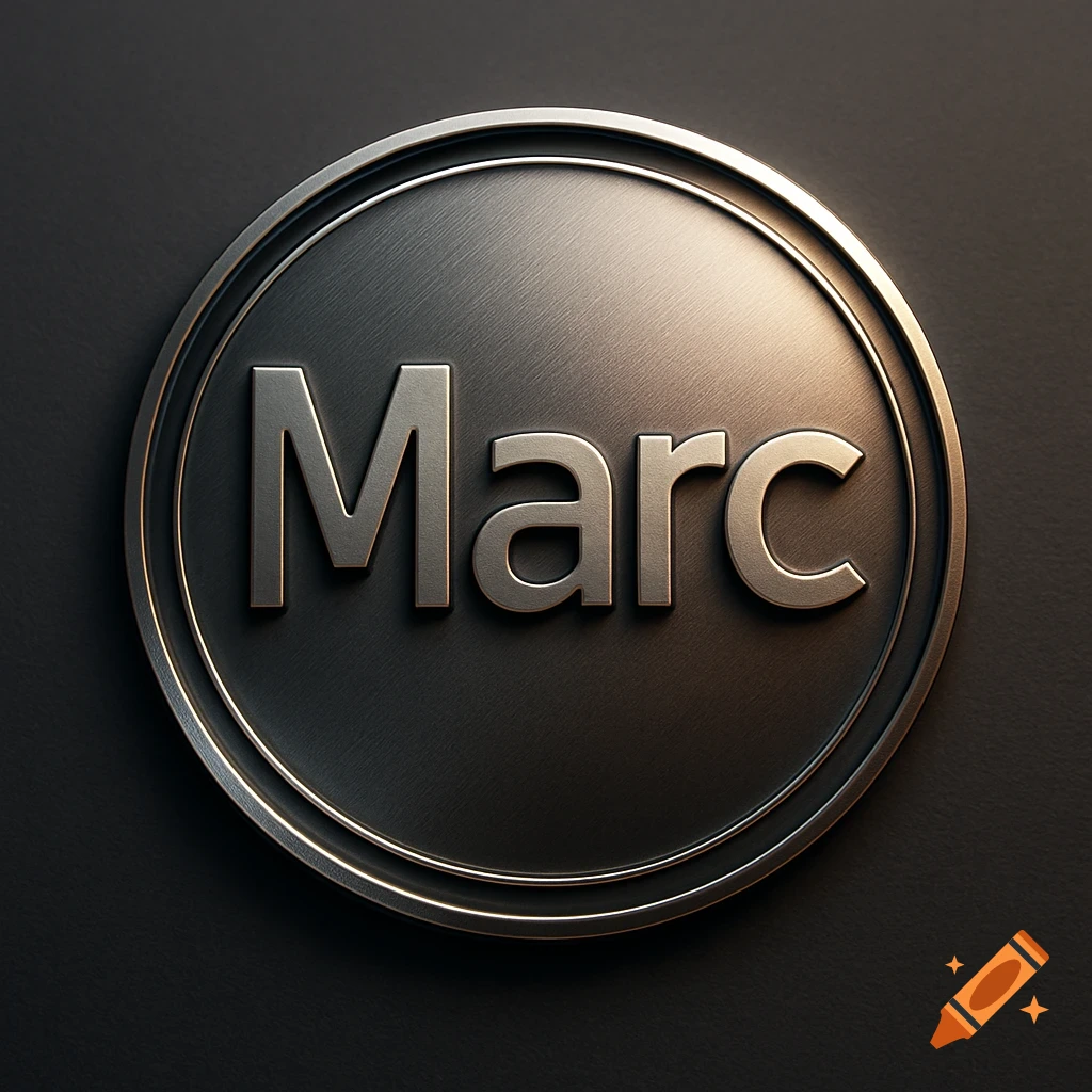 Silver metallic circular logo with the name 'Marc' embossed on a dark background.
