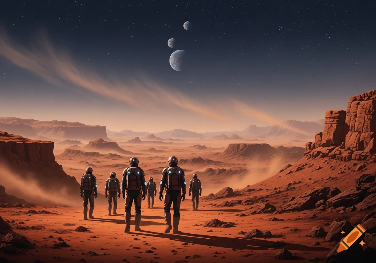 Astronauts walk across a vast red desert alien planet under a sky with multiple moons.