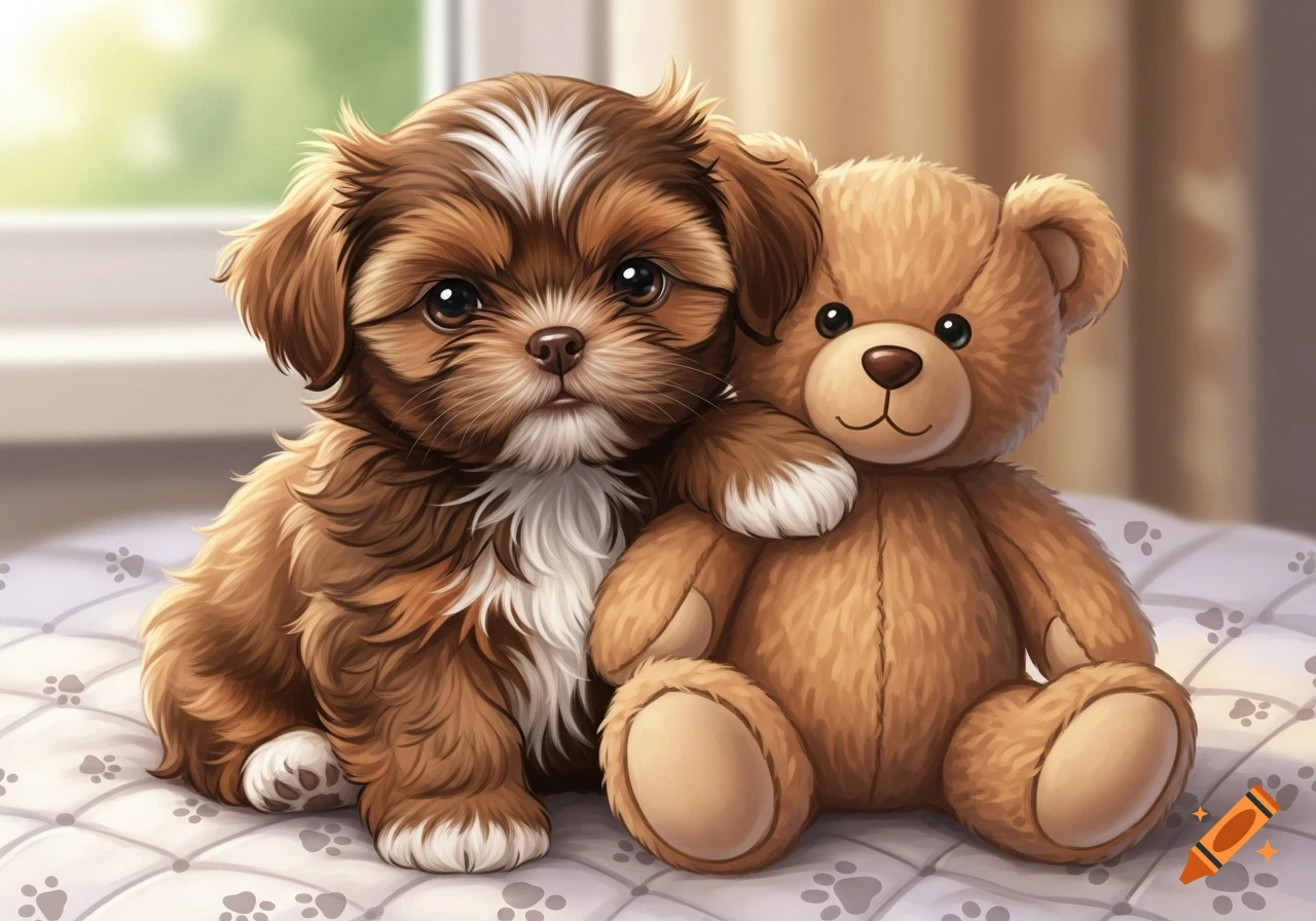 A cute brown and white Shih Tzu puppy sits next to a brown teddy bear on a paw-print patterned blanket, in an illustrative style.