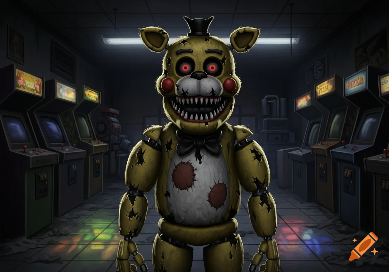 A creepy, worn-out animatronic with glowing red eyes and sharp teeth stands in a dark, abandoned arcade with arcade machines.