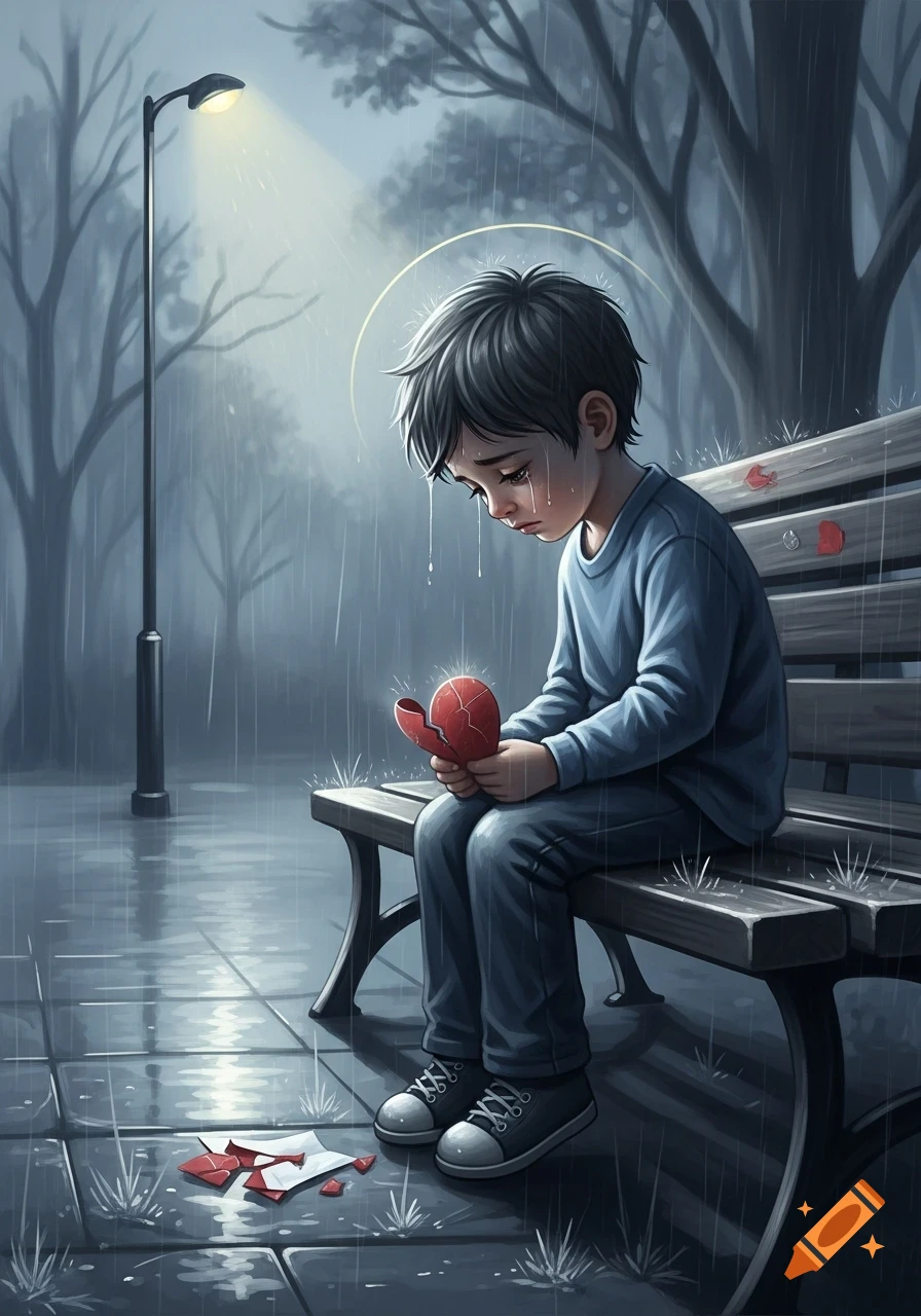 A sad boy sits on a park bench in the rain, holding a broken red heart as tears stream down his face, under a streetlamp.