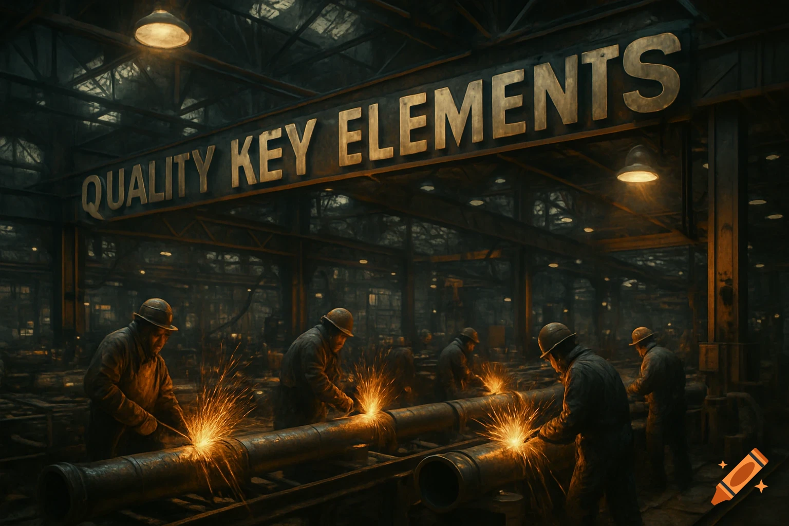 Workers weld metal pipes in a dark factory, with sparks flying. A sign above reads 'QUALITY KEY ELEMENTS'.