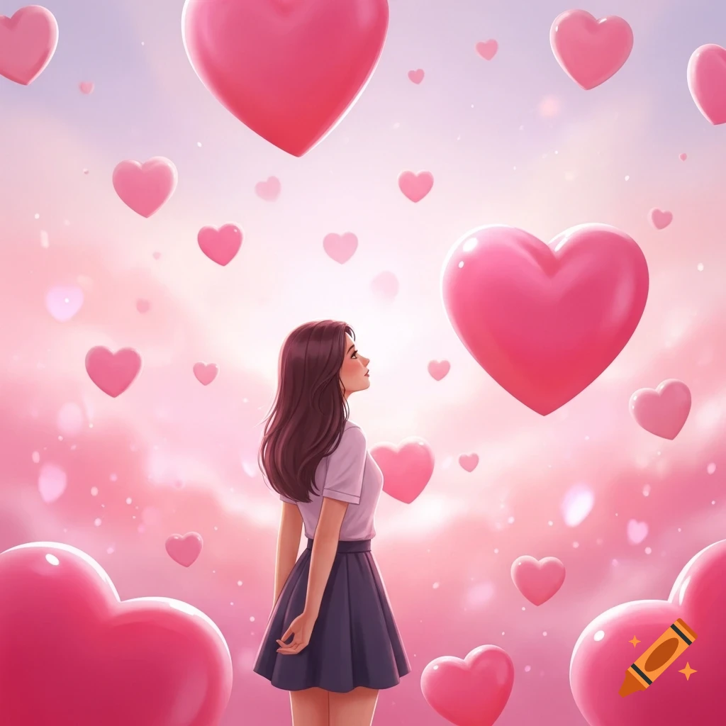 A cartoon girl with long brown hair, wearing a white shirt and dark skirt, gazes upward at numerous floating pink hearts against a soft pink and purple sky.