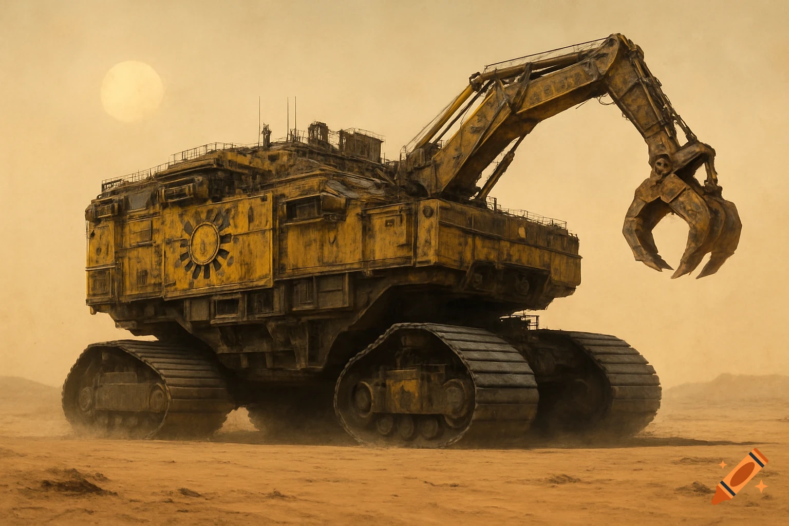 A massive, weathered yellow and black tracked vehicle with an excavator crane and claw sits in a desolate desert under a pale sun, in a sci-fi art style.