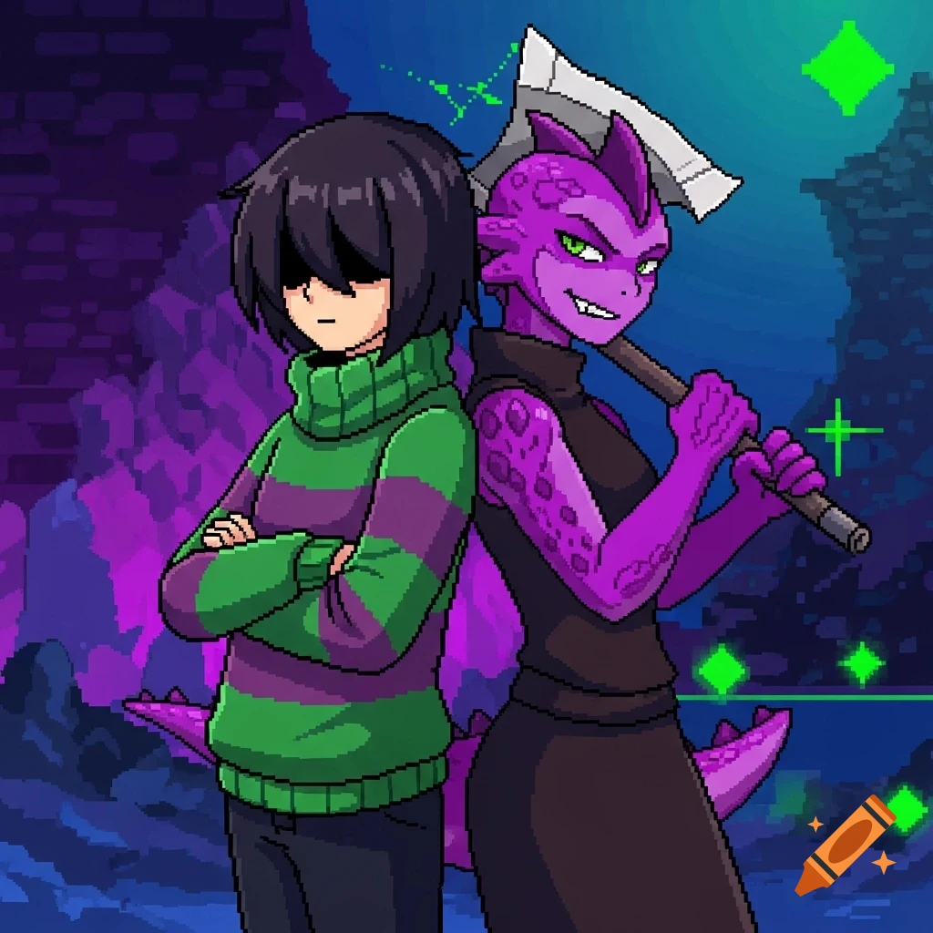 Pixel art of Kris and Susie from Deltarune standing back to back in a cave, Kris in a green sweater and Susie holding an axe.