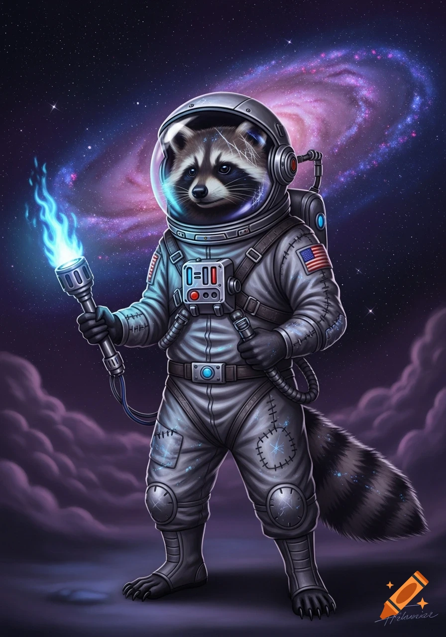 A stylized illustration of a raccoon astronaut in a patched space suit, holding a blue flaming torch, standing in deep space with a galaxy and purple clouds.