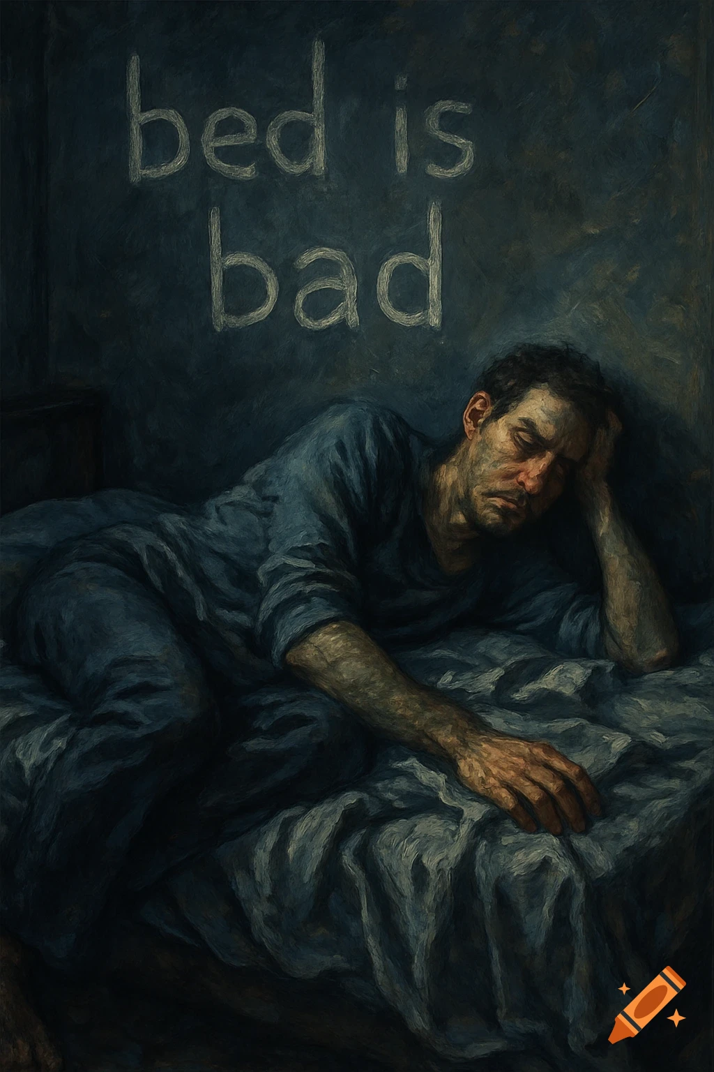 An expressive painting of a weary man lying in a dark bed with the words 'bed is bad' written on the wall above.