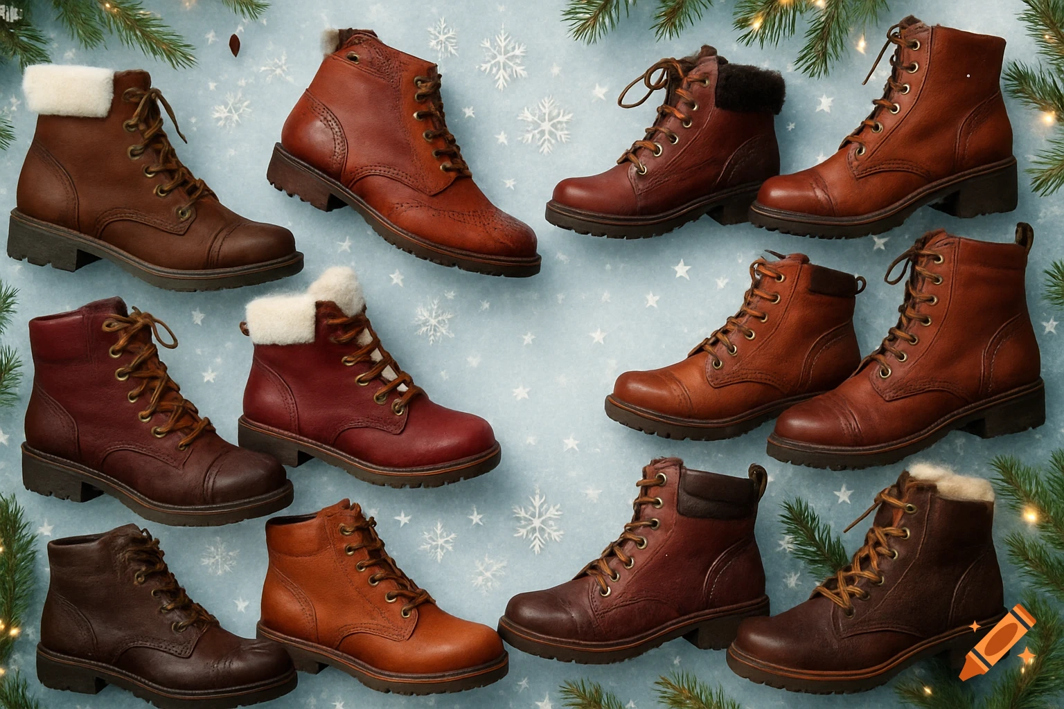 A top-down view of various brown and red leather winter boots with laces, some with fur trim, on a snowflake background with festive pine branches.