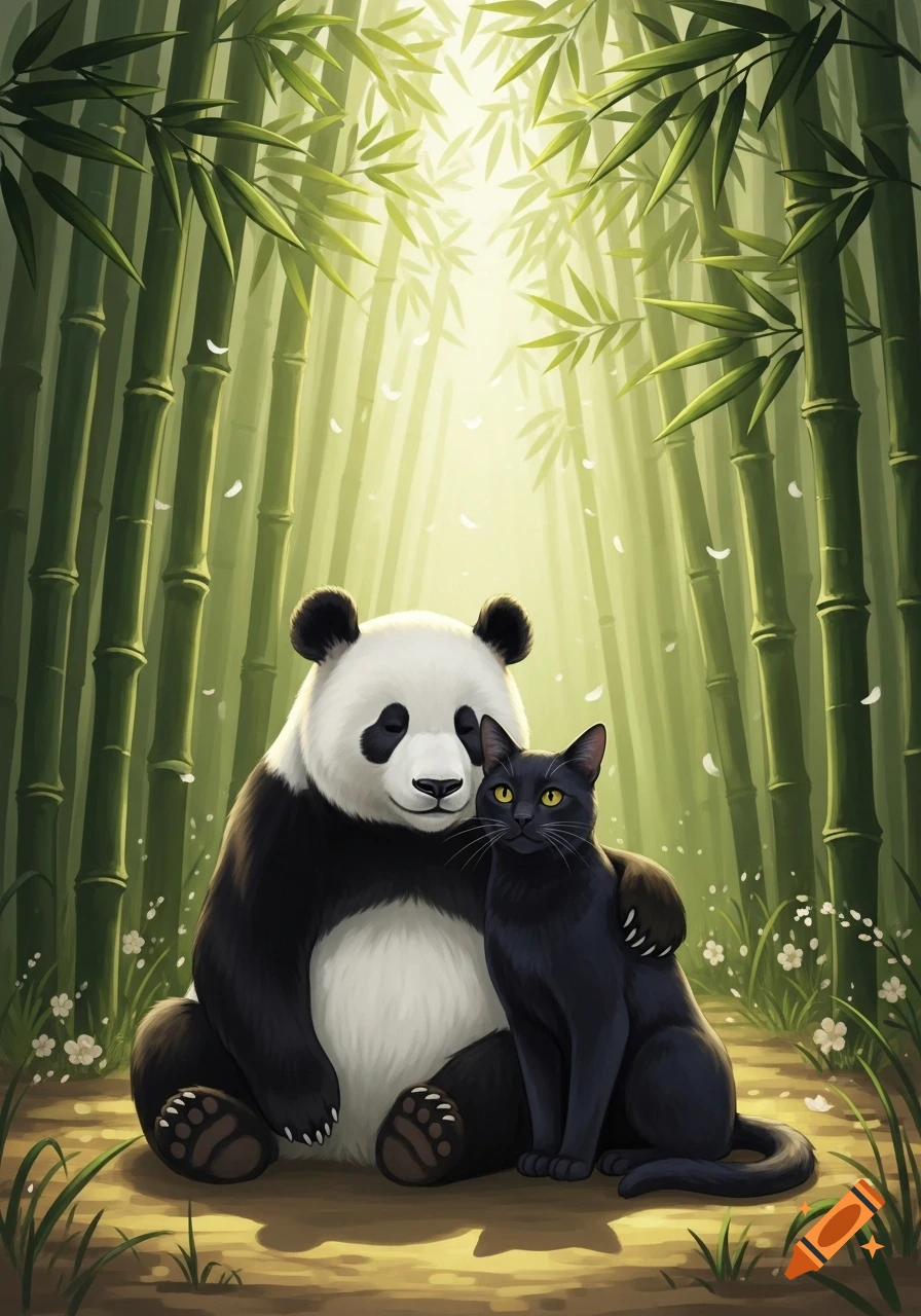 A cartoonish panda and a black cat embrace in a lush, sunlit bamboo forest with light filtering through the bamboo stalks.