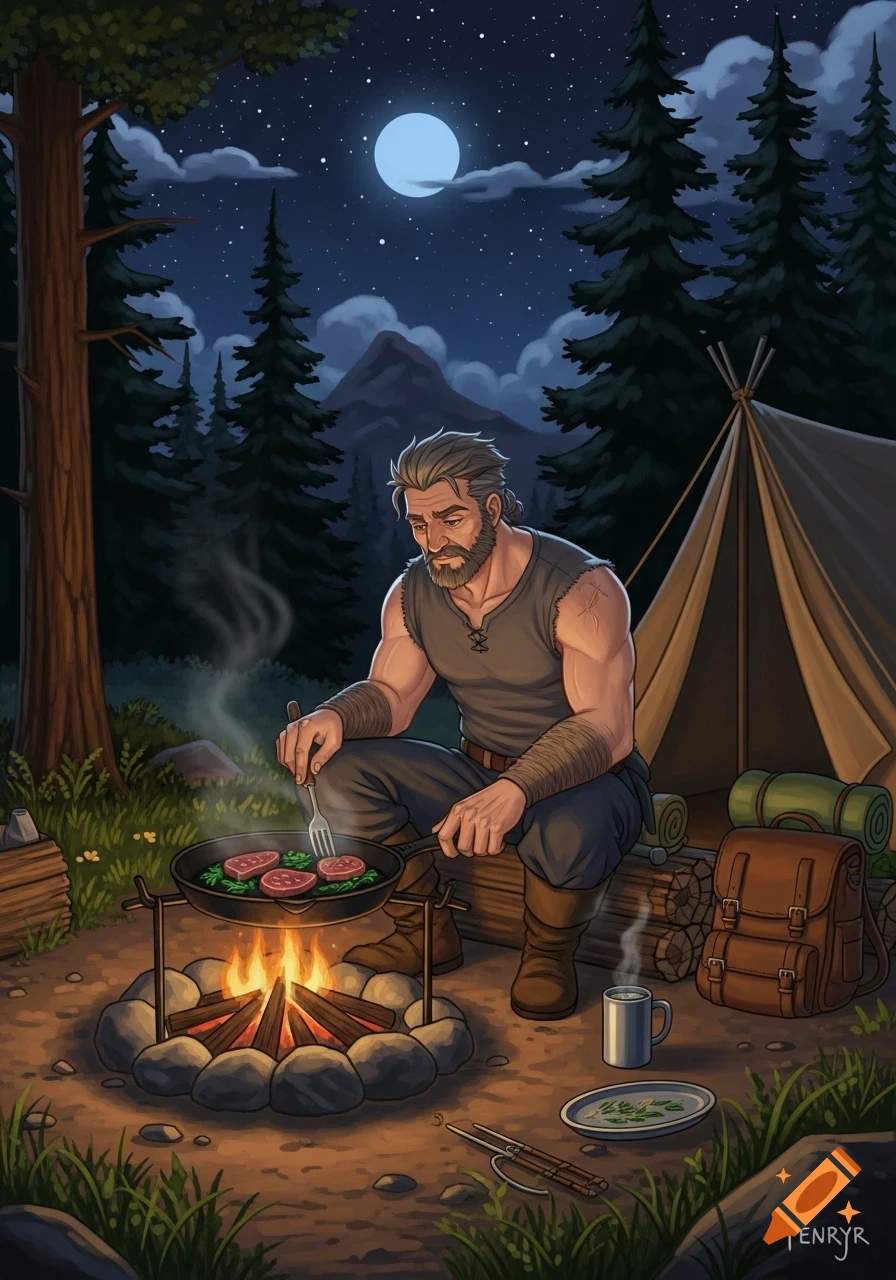 An illustrated man with a beard cooks meat and greens over a campfire at night in a forest with a full moon and a tent.