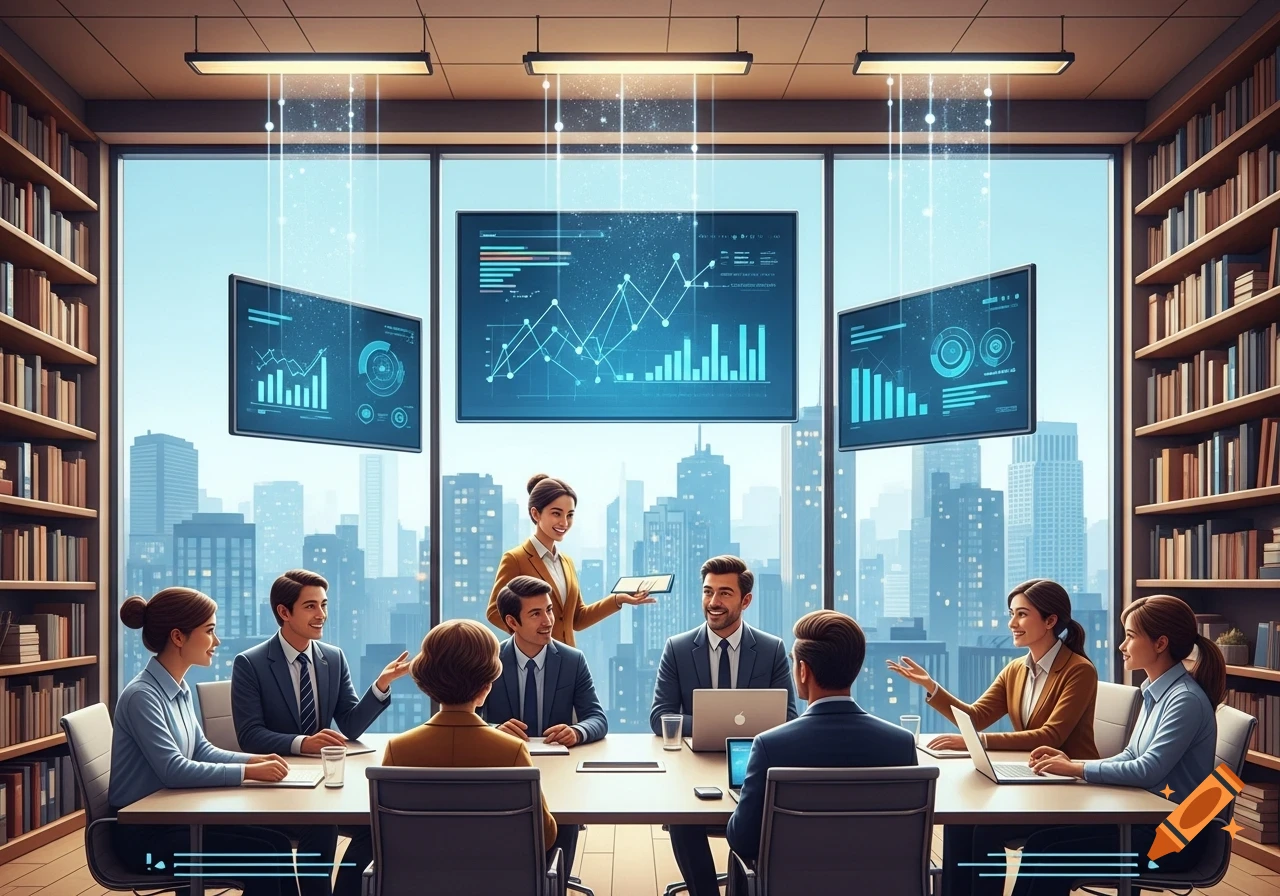 A diverse group of business professionals holds a meeting in a modern office with large windows overlooking a city skyline and digital data screens.